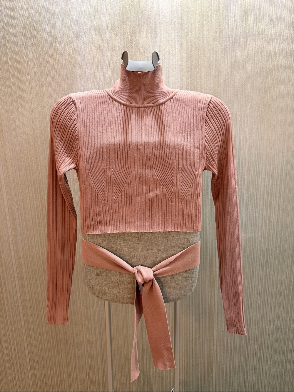 Zara NWT Dusty Pink Ribbed Tie-Back Cutout Turtleneck Crop Top M